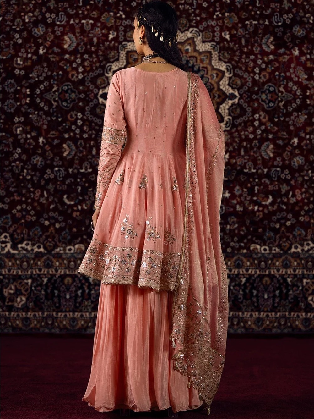 Lashkaraa Peachy Pink Embroidered Viscose Chinon Sharara. NWT. Size Large. - Picture 4 of 7